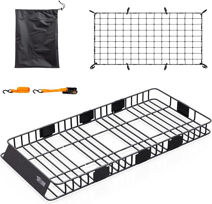 TUFFIOM 84"x 39"x 6" Universal Rooftop Cargo Carrier Basket, Extendable Steel Roof Rack Basket w/Net+Storage Bag+Straps, Heavy Duty Car Top Rack Luggage Holder Carrier for SUV Car Truck Van
