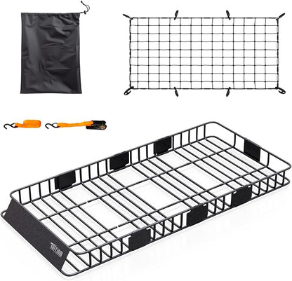 TUFFIOM 84"x 39"x 6" Universal Rooftop Cargo Carrier Basket, Extendable Steel Roof Rack Basket w/Net+Storage Bag+Straps, Heavy Duty Car Top Rack Luggage Holder Carrier for SUV Car Truck Van