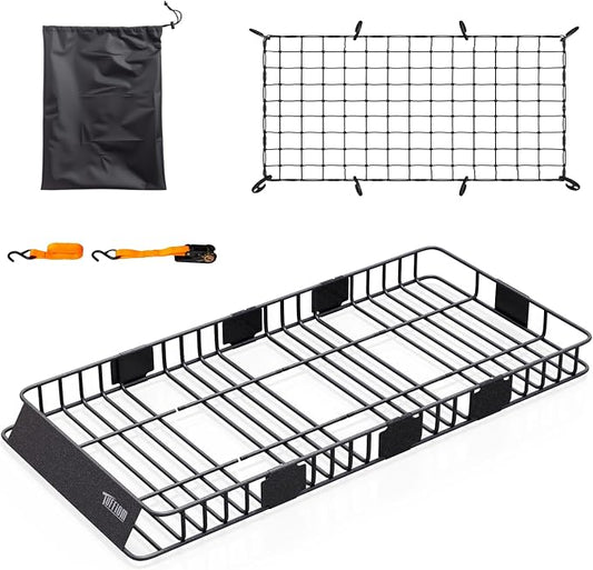 TUFFIOM 84"x 39"x 6" Universal Rooftop Cargo Carrier Basket, Extendable Steel Roof Rack Basket w/Net+Storage Bag+Straps, Heavy Duty Car Top Rack Luggage Holder Carrier for SUV Car Truck Van