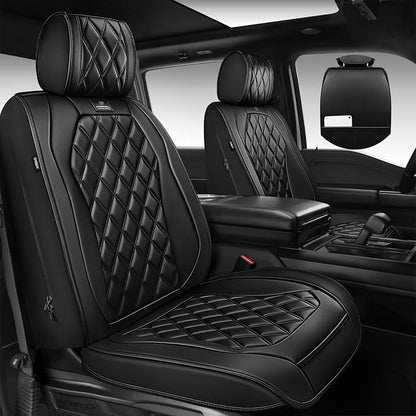 CAR PASS Luxury Nappa Leather Car Seat Covers Full Set, 3D Rhombus Waterproof Premium Leather Seat Covers, Universal Automotive Seat Cushion Fit for Sedan SUV Truck Van, Airbag Compatible Solid Black