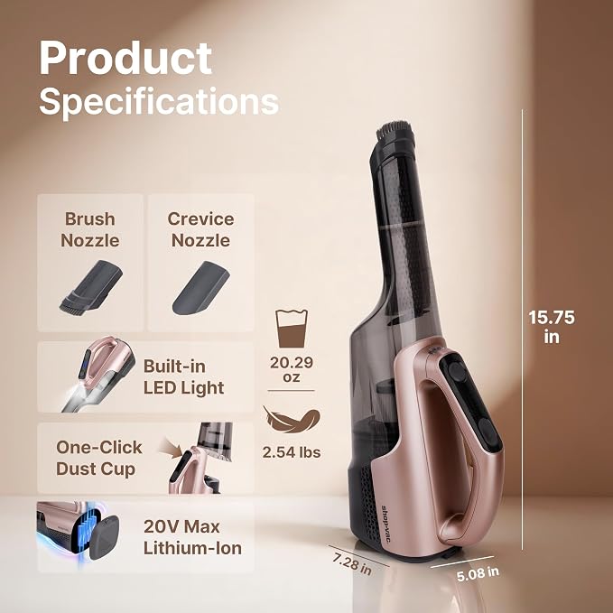 Shop-Vac S3 20V Handheld Vacuum Cordless, Dual-Speed Powerful Portable Car Vacuum Rechargeable, Wall-Mounted Lightweight Hand Vacuum for Home & Car, LED Light, HEPA Filter, Champagne Gold