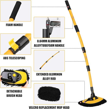 Car Wash Brush with Long Handle, 55 inch Car Wash Mop Car Wash Kit Mitt Retractable Bent Pole Car Wash Brush for Cars RV Truck Boat