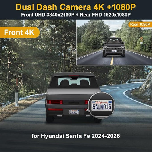 Fitcamx Front 4K+Rear 1080P Dash Cam Adapts for Hyundai Santa Fe 2024-2026 (Part No#P6000), OEM Factory Look, 2 Way HD Video, Built-in WiFi & APP, Loop Recording, G-Sensor, Easy to Set, 128GB Card
