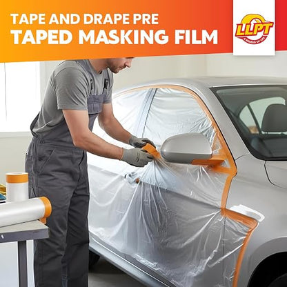 LLPT Pre-Taped Masking Film, 157.5" Unfolded x 66Ft, 0.27 Mil, 2 Pack | Static-Cling, Disposable, Solvent & Oil Resistant Bleed-Proof Low Tack No Residue for Auto Wall Furniture Painting Protection