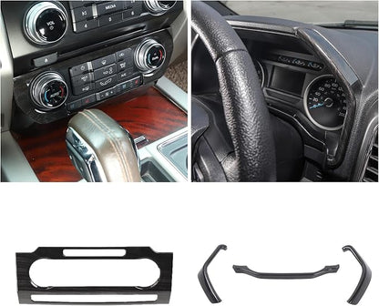 JeCar 11PCS Interior Decoration Trim Kit for Ford F150 2015-2020 Steering Wheel & Center Console Trim Dashboard & Rear Air Conditioner Vent Cover (Black Wood Grain)