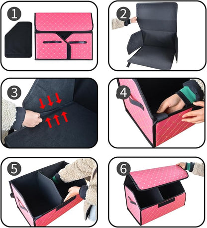 car organizers and storage for SUV,trunk organizer for sedan, leather foldable sleek box with lid,collapsible cargo bins, tool accessories containers,Pink women (21.65 inch)