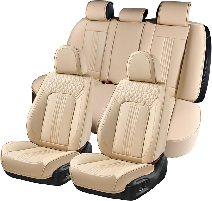 Coverado Seat Covers Full Set, Leather Car Seat Cover, Waterproof Car Seat Protector, Automotive Seat Covers Car Seat Cushion Universal Fit for Most Cars, Beige