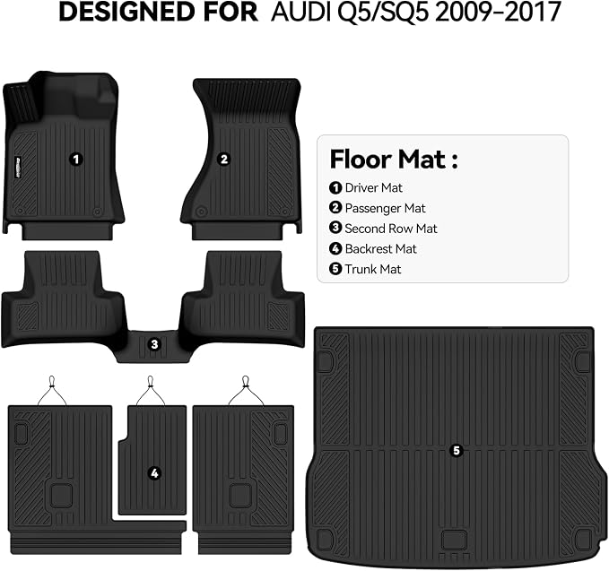 Floor Mats for 2009-2017 Audi Q5/SQ5, Trunk Mat and Backrest Mat All Weather TPE Protector for Audi Q5/SQ5 Accessories