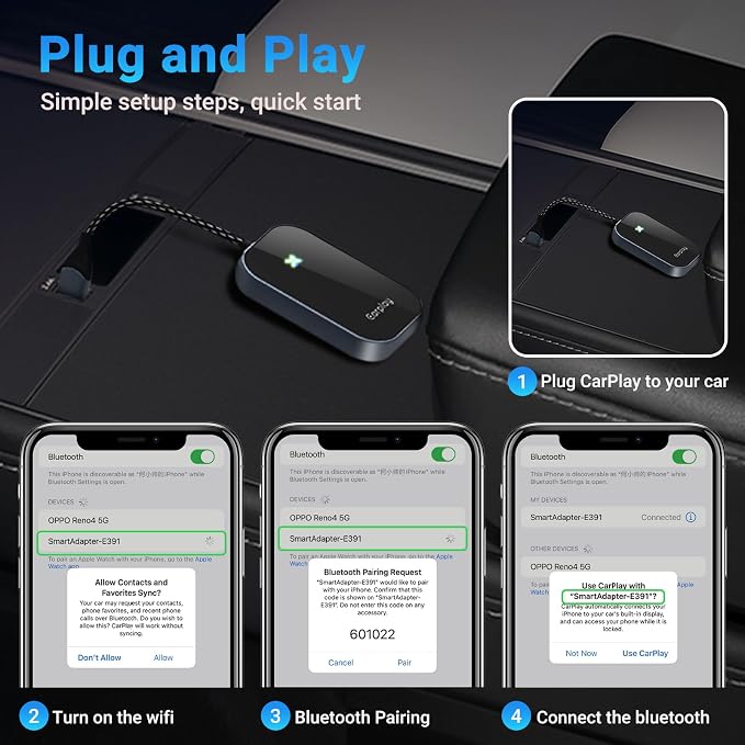 Apple CarPlay Wireless Adapter, Convert Factory Wired CarPlay to Wireless, Bluetooth CarPlay Adapter for iPhone, Auto Connect Plug & Play Supports USB-A & USB-C, Compatible with 2016+ Cars & iOS 10+