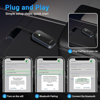 Apple CarPlay Wireless Adapter, Convert Factory Wired CarPlay to Wireless, Bluetooth CarPlay Adapter for iPhone, Auto Connect Plug & Play Supports USB-A & USB-C, Compatible with 2016+ Cars & iOS 10+