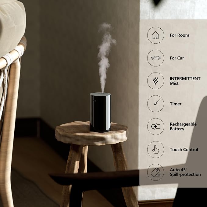 Airversa Waterless Essential Oil Diffuser Starter Kit with 2x20mL Hotel Fragrance Oils, Cordless Nebulizer for Car Home Office, Up to 600 sq ft, Mist/Timer Settings, Baterry Operated, AN8Kit-B, Black