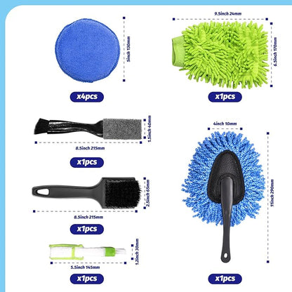 9Pcs Auto Cleaning Tools Set Contains Wheel Brush, Wash Mitt Microfiber, Foam Sponge Wax Applicator, Extendable Handle Interior Duster and 2 in 1 Air Vents Dashboard Clean Brush