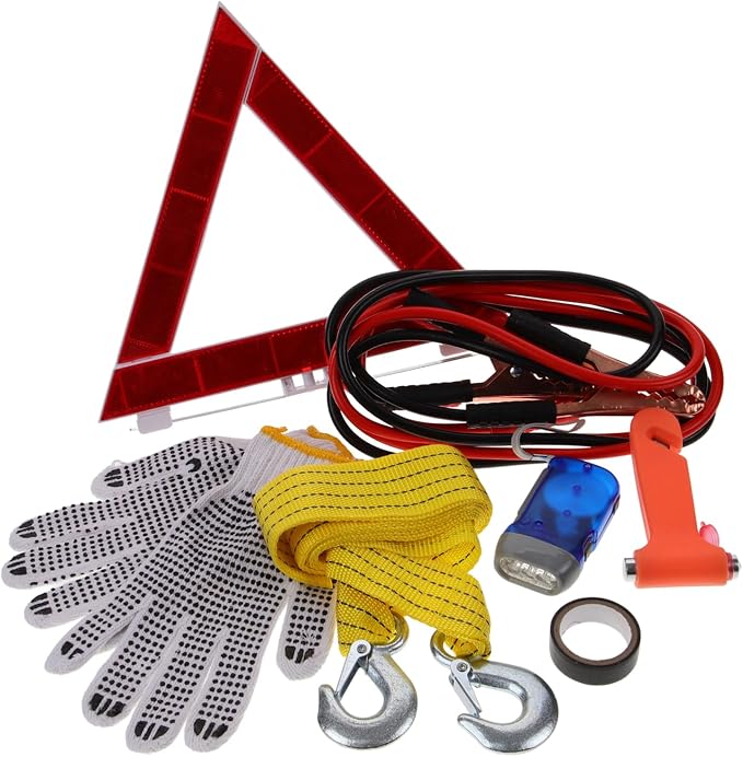 GANAZONO 8-Piece Car Roadside Emergency Tool Kit Multi-Functional Vehicle Accessories for Roadside Assistance and Inspection Includes Jumper Cables Flashlight
