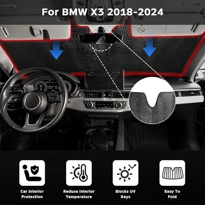Car Windshield Sun Shade for BMW X3 2018-2024 Front Window Sunshade Sun Visor Protection Cover Accessories -5-Layer Bubble Foldable Thicken Blocks Heat & UV Rays Keep Car Cooler