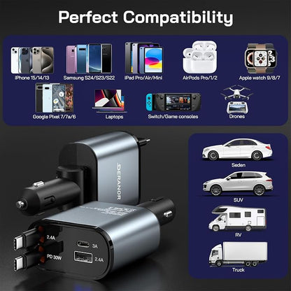 [2 Pack] Retractable Car Charger 4 in 1 Fast Car Phone Charger 69W, USB C Car Truck Accessories Adapter with 2X Retractable Phone Charger Cords and USB Port for i Phone 17/16/15/14,for Samsung S25/S24