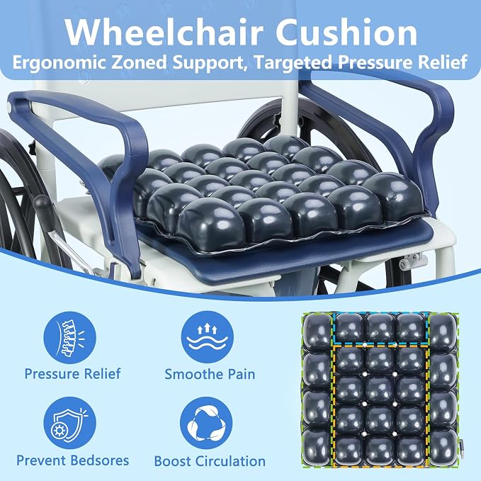 Inflatable Pressure Relief Air Cell Cushion for Wheelchair & Mobility Scooter, Breathable Cooling Seat Cushion for Pain & Sores Relief, Long Sitting, Airplane & Office Use (16" x 16")