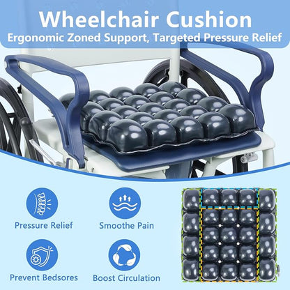 Inflatable Pressure Relief Air Cell Cushion for Wheelchair & Mobility Scooter, Breathable Cooling Seat Cushion for Pain & Sores Relief, Long Sitting, Airplane & Office Use (16" x 16")