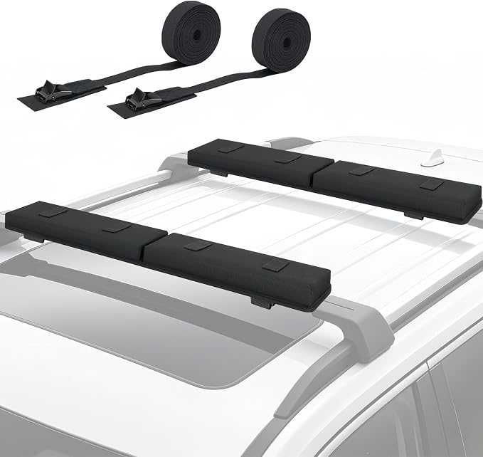 Universal Soft Roof Rack Pads for Kayak SUP Surfboard Snowboard Canoe, Heavy Duty Car Roof Rack System with 2 Tie Down Straps, 4 Quick Loop Straps, 2 Hood Loops, Tie Down Ropes and Storage Bag
