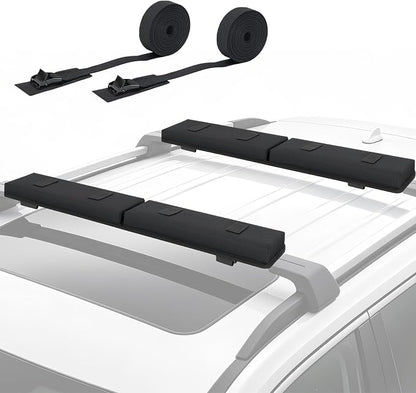 Universal Soft Roof Rack Pads for Kayak SUP Surfboard Snowboard Canoe, Heavy Duty Car Roof Rack System with 2 Tie Down Straps, 4 Quick Loop Straps, 2 Hood Loops, Tie Down Ropes and Storage Bag