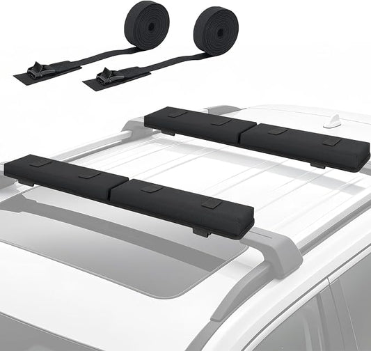 Universal Soft Roof Rack Pads for Kayak SUP Surfboard Snowboard Canoe, Heavy Duty Car Roof Rack System with 2 Tie Down Straps, 4 Quick Loop Straps, 2 Hood Loops, Tie Down Ropes and Storage Bag