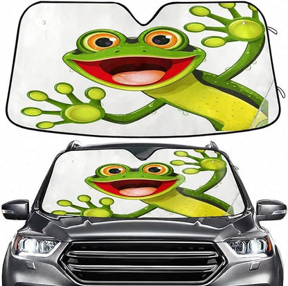 Funny Cute Green Frog Windshield Sun Shade for Car Auto SUV Truck Foldable Front Window Sunshade Sun Visor Protector Block UV Rays Reflect Heat, 55" x 28"
