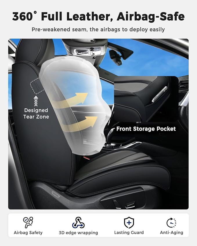 Huidasource Car Seat Covers Front Seats Luxury Nappa Leather, Front Seat Covers with Airbag, Front Storage Pocket, Lumbar Support, Cooling＆Heating, Universal Fit for Most Cars SUV Trucks, Black&Gray