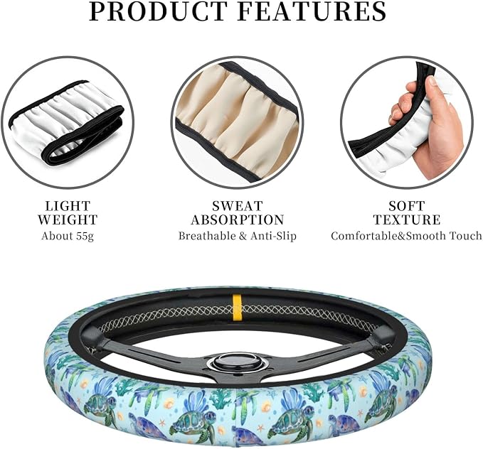 Sea Turtle Steering Wheel Cover Anti-Slip,Sweat Absorption Universal 15 inch Steering Wheel Covers Cute car Accessories for Men Women