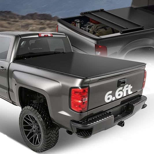Auto Dynasty Soft Tri-Fold Truck Bed Tonneau Cover Compatible with 2014-2025 Chevy Silverado GMC Sierra 1500 1500LD 2500HD 3500HD 6.6Ft Bed, Matte Black Soft Vinyl Top