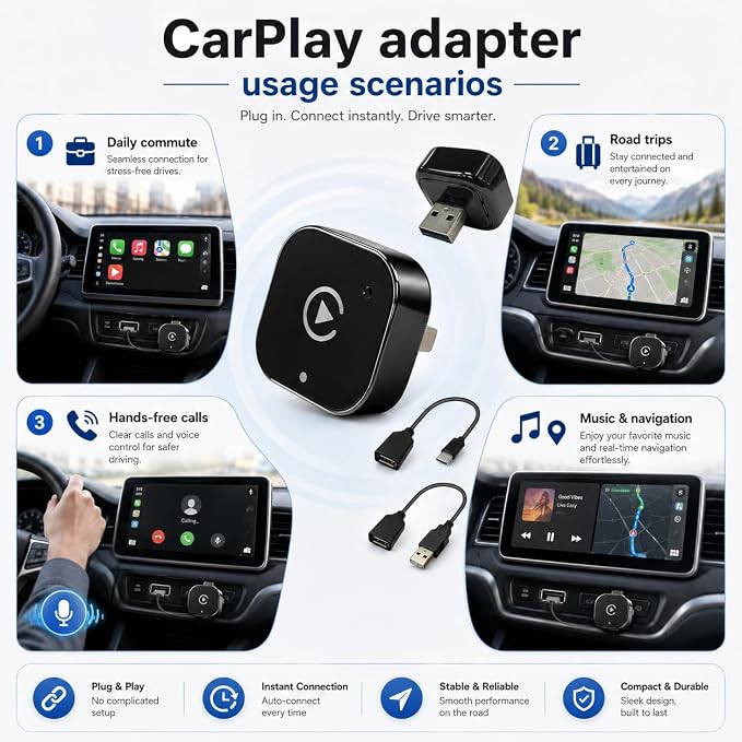 ZYAN Wireless CarPlay & Android Auto Adapter with Extension Cable USB-A and USB-C