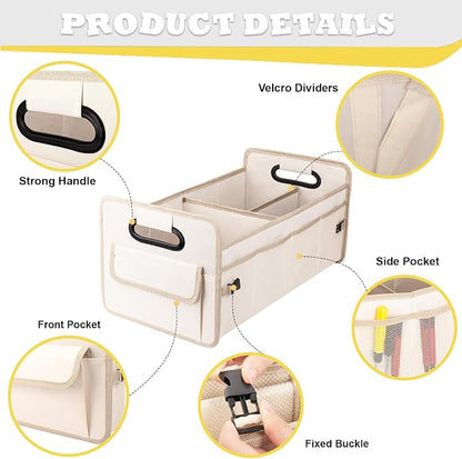 JiatuA Car Trunk Organizer, Car Organizers and Storage Collapsible Multi Compartment Container Box, Adjustable Car Accessories for SUV Sedan Truck, Large Size, Beige