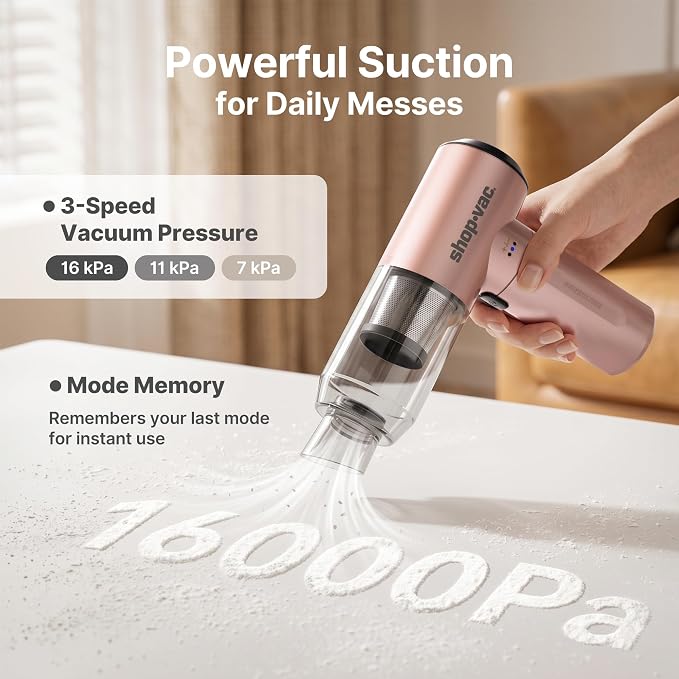 Shop-Vac S4 Handheld Car Vacuum Cleaner Cordless, 16000Pa 3-in-1 Mini Hand Vacuum & Air Duster with Brushless Motor, Multi-Nozzles, Rechargeable, for Car, Office, and Home Detail Cleaning (Champagne)