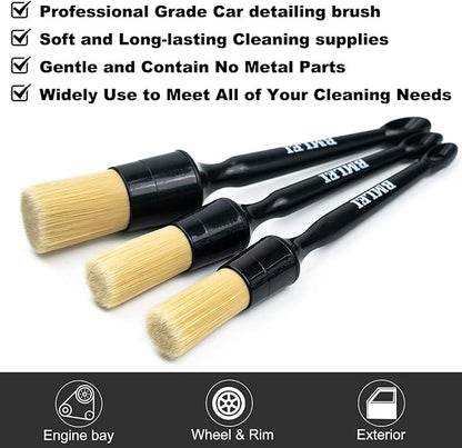 BMLEI 3pcs Car Detailing Brushes Set,Boars Hair Auto Car Detail Brush Kit No Scratch, Car Detailing Kit for Clean Interior or Exterior, Wheels, Tires, Engine Bay, Leather Seats