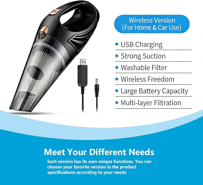 12V Hand Vacuum Cordless Rechargeable, Car Vacuum Portable, Powerful Suction,Long Flat Nozzle with Gaps,Small Handheld Vacuum Cleaner for Car,Office,Home, Pet Cleaning. (Black)