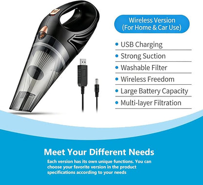 12V Hand Vacuum Cordless Rechargeable, Car Vacuum Portable, Powerful Suction,Long Flat Nozzle with Gaps,Small Handheld Vacuum Cleaner for Car,Office,Home, Pet Cleaning. (Black)