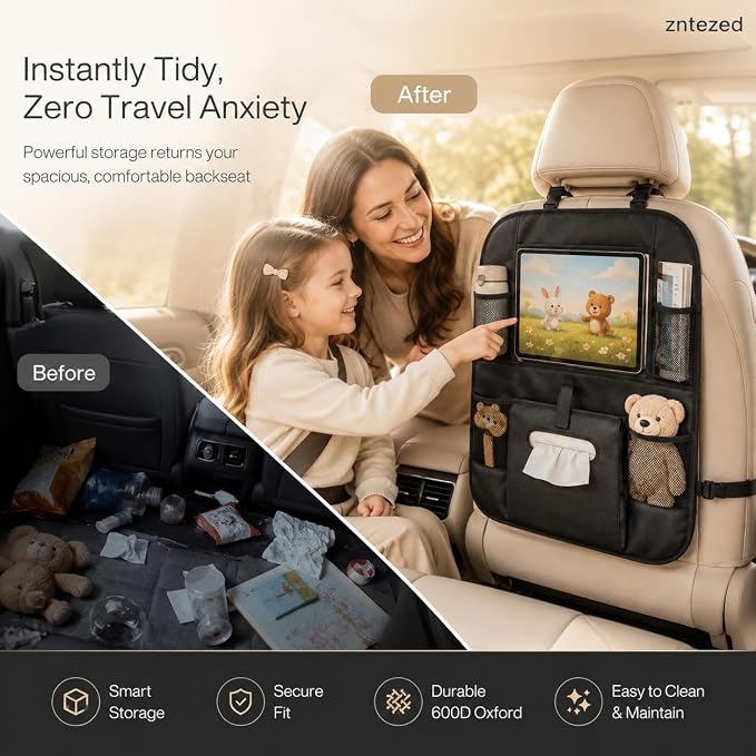 Car Backseat Organizer with 12 Storage Pockets, 12" Touch Screen Tablet Holder, Waterproof Kick Mats Seat Protector, Car Organizers and Storage for Kids, Road Trip Essentials（2 Pack，Black）