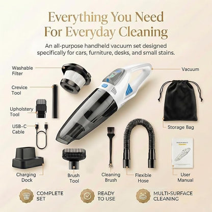 Handheld Vacuum Cordless, 25000Pa Powerful Suction Car Vacuum Portable Cordless with 8000mAh Battery & LED Light, Hand Held Vacuum Rechargeable with HEPA Filters, Home, Car Seats, Pet Hair White
