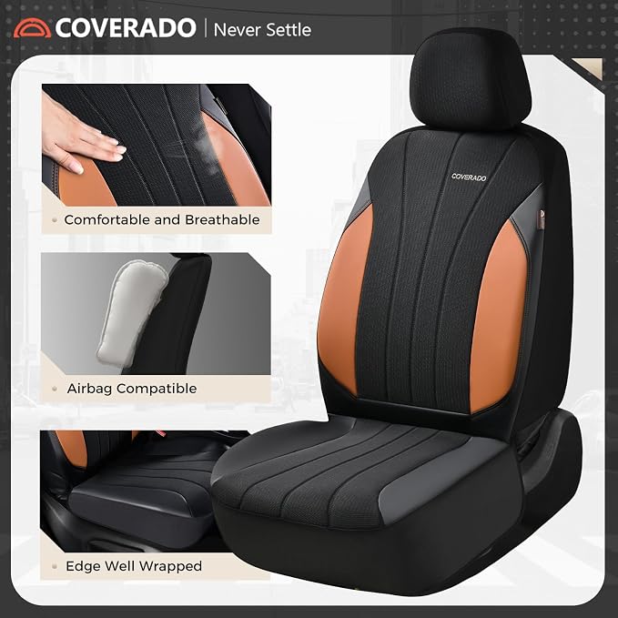 Coverado Seat Covers for Car, Automotive Car Seat Covers 5 Seats, Mesh Breathable Leather Seat Protectors, Brown Seat Covers Universal Fit for SUV, Truck, Vans, Sedan