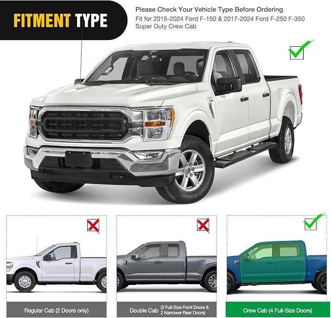 Nilight Running Boards for 2015-2026 Ford F-150 SuperCrew Cab Pickup 4 Door 2017-2026 Ford F-250 F-350 Super Duty Crew Cab 6 Inch Slip-Proof Aluminum Side Step Nerf Bars