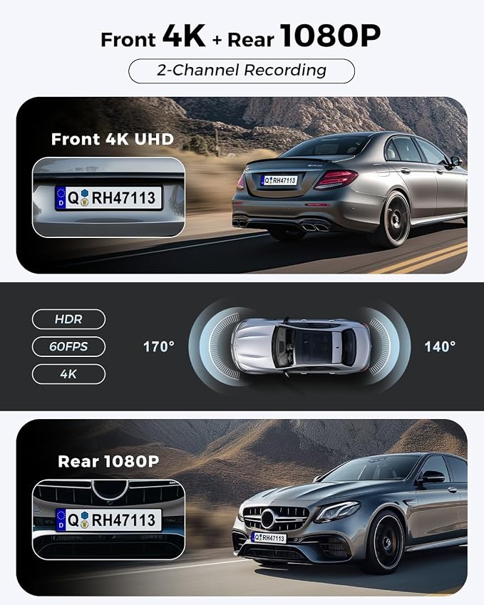 Dash Cam Front and Rear: 4K+1080P FHD Dual Dash Camera for Cars with Night Vision, 2 Channel HDR Dash Camera, 24H Parking Mode Car Camera, Built-in GPS, WiFi 6, Free 64GB Card
