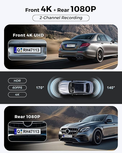 Dash Cam Front and Rear: 4K+1080P FHD Dual Dash Camera for Cars with Night Vision, 2 Channel HDR Dash Camera, 24H Parking Mode Car Camera, Built-in GPS, WiFi 6, Free 64GB Card