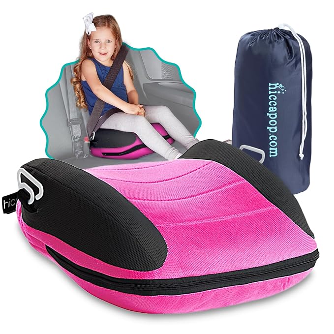 Hiccapop UberBoost Inflatable Booster Car Seat | Blow up Narrow Backless Booster Car Seat for Travel | Portable Booster Seat for Toddlers, Kids, Child | Pink/Black