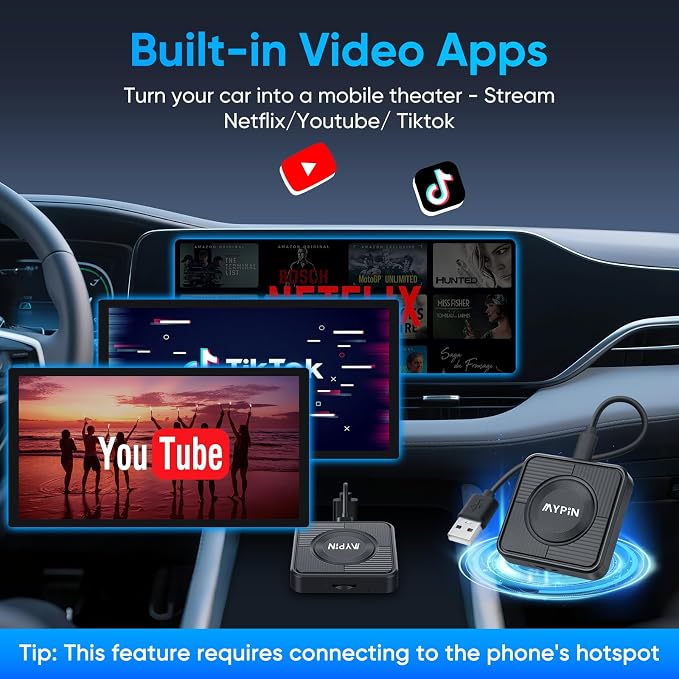 Upgraded Wireless CarPlay Adapter, 3-in-1 Wireless Carplay & Android Auto& Video Adapter, Support Netflix YouTube Support TF Card, Plug & Play, USB Type C, USB Type A Compatible with iPhone & Android
