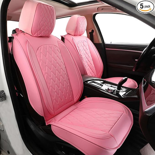 MIROZO Seat Covers Full Set Pink, Leather Car Seat Covers Waterproof Automotive Seat Covers Universal Car Seat Protector Seat Cover Set Vehicle Cushion Cover for Sedan, Truck and SUV (Full Set, Pink)
