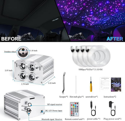 4 Colors 32W Twinkle Car Starlight Headliner Kit 1000pcs*0.03in*13.1ft with APP&RF Remote,RGBW Fiber Optic Strands Star Roof Lights,4 Port Engine Sound Activated Ceiling Star Lights for Home/Car Decor