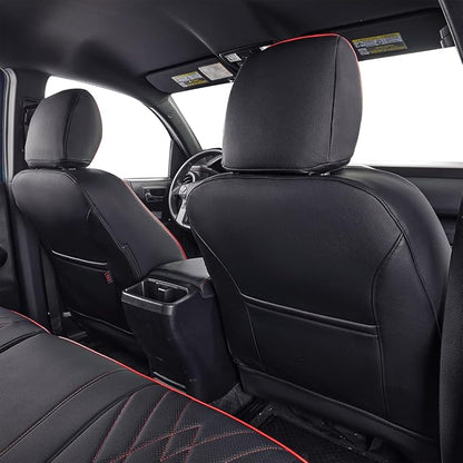 EKR Custom Fit Tacoma Leather Car Seat Covers for Toyota Tacoma 2012 2013 2014 2015 (TRD Sport Seats)- Full Set,Faux Leather(Black with Red Trim)
