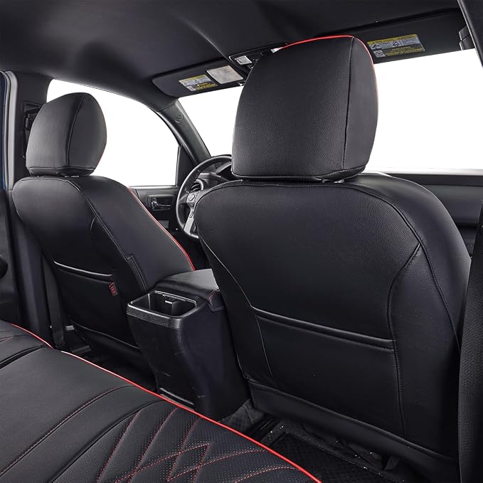 EKR Custom Fit Tacoma Rear Car Seat Covers for Toyota Tacoma 2016 2017 2018 2019 2020 2021 2022 2023 Access Cab - Second Row Only,Faux Leather(Black with Red Trim)
