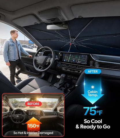 Wigoo Windshield Sun Shade Umbrella for Toyota Camry 2018-2026 [100% Sun Blockage, Ice Cooling Fabric] Foldable Heat Insulation Front Window Sunshade Umbrella for Toyota Camry 2018-2026