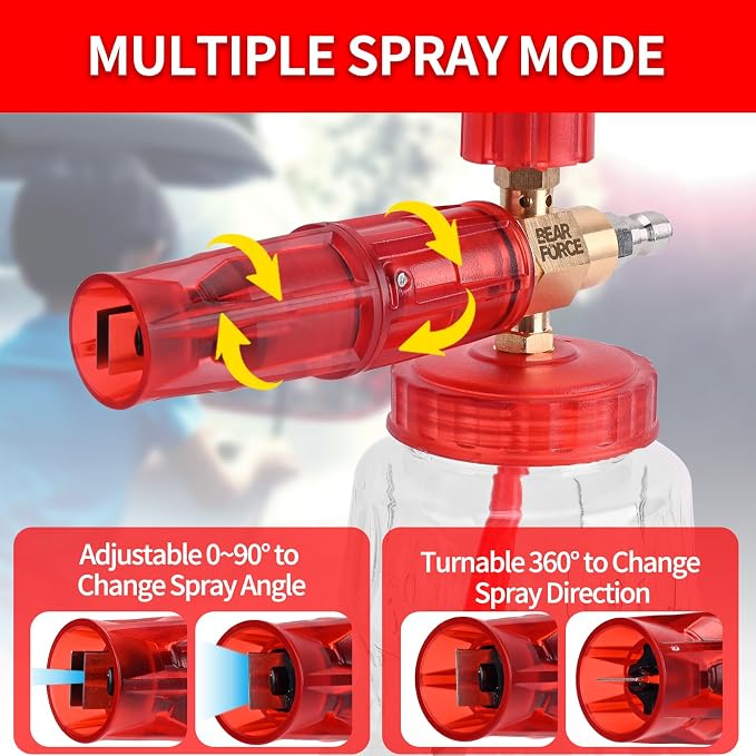 BEAR FORCE Pressure Washer Brass Foam Cannon Foam Generator Snow Foam Lance with 1/4” Quick Connector & 1.25mm & 1.10mm Orifice Nozzle, 360° Adjustable Thicker Snow Foam with 32 oz Soap Car Wash