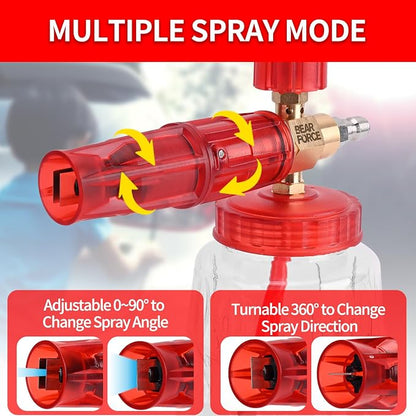 BEAR FORCE Pressure Washer Brass Foam Cannon Foam Generator Snow Foam Lance with 1/4” Quick Connector & 1.25mm & 1.10mm Orifice Nozzle, 360° Adjustable Thicker Snow Foam with 32 oz Soap Car Wash