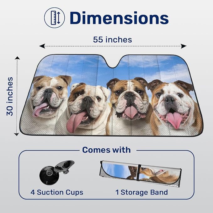 GENANY Cute English Bulldog Dog Group Funny Windshield Sun Shade for Car SUV Truck (55x30 Inches), Car Sun Shade Windshield, Protector Blocks UV, Spring Car Decor